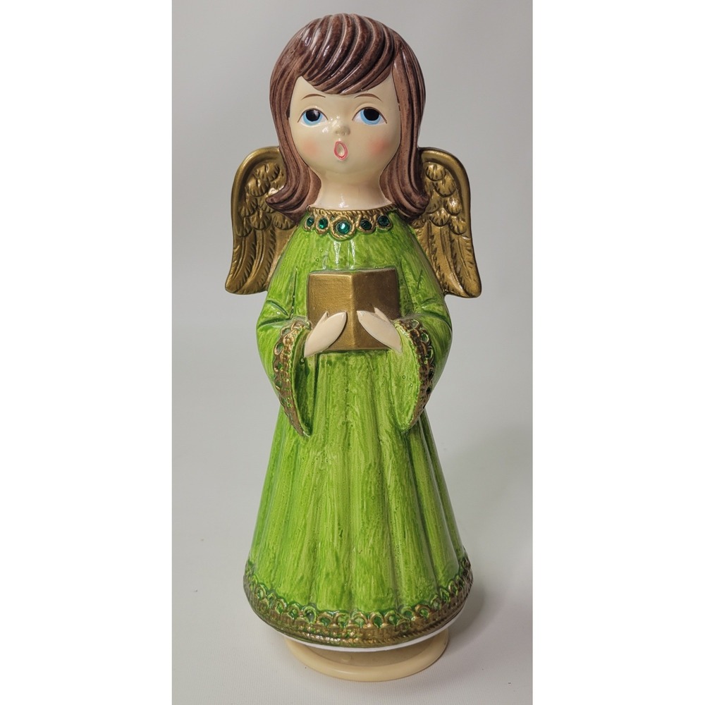 Vintage Ardco Musical Angel Figurine Green Gold Plays Silent Night Japan Made